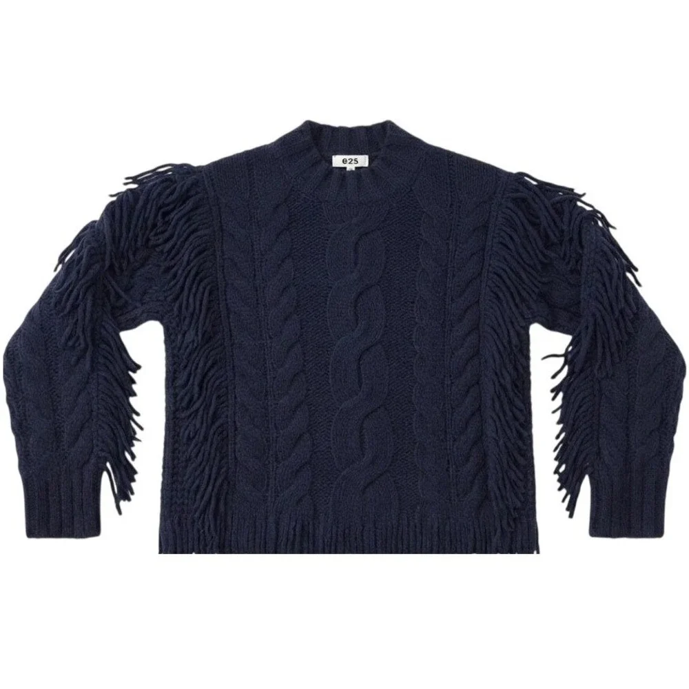 525 America Women Navy Blue Fringe Cable Knit Sweater Small Boho Statement